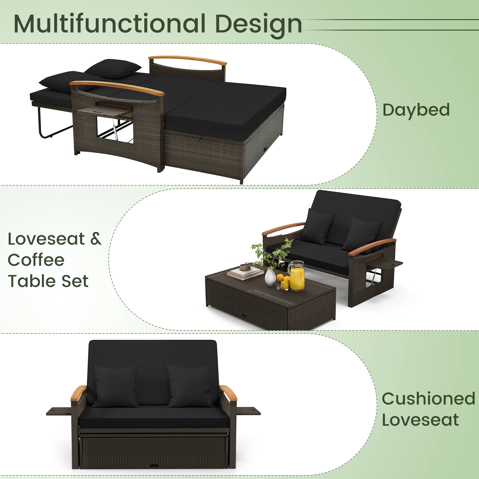 SUGIFT Outdoor Wicker Daybed with Folding Panels and Storage Ottoman 800-lb Loveseat Capacity Mix Brown/Mix Gray