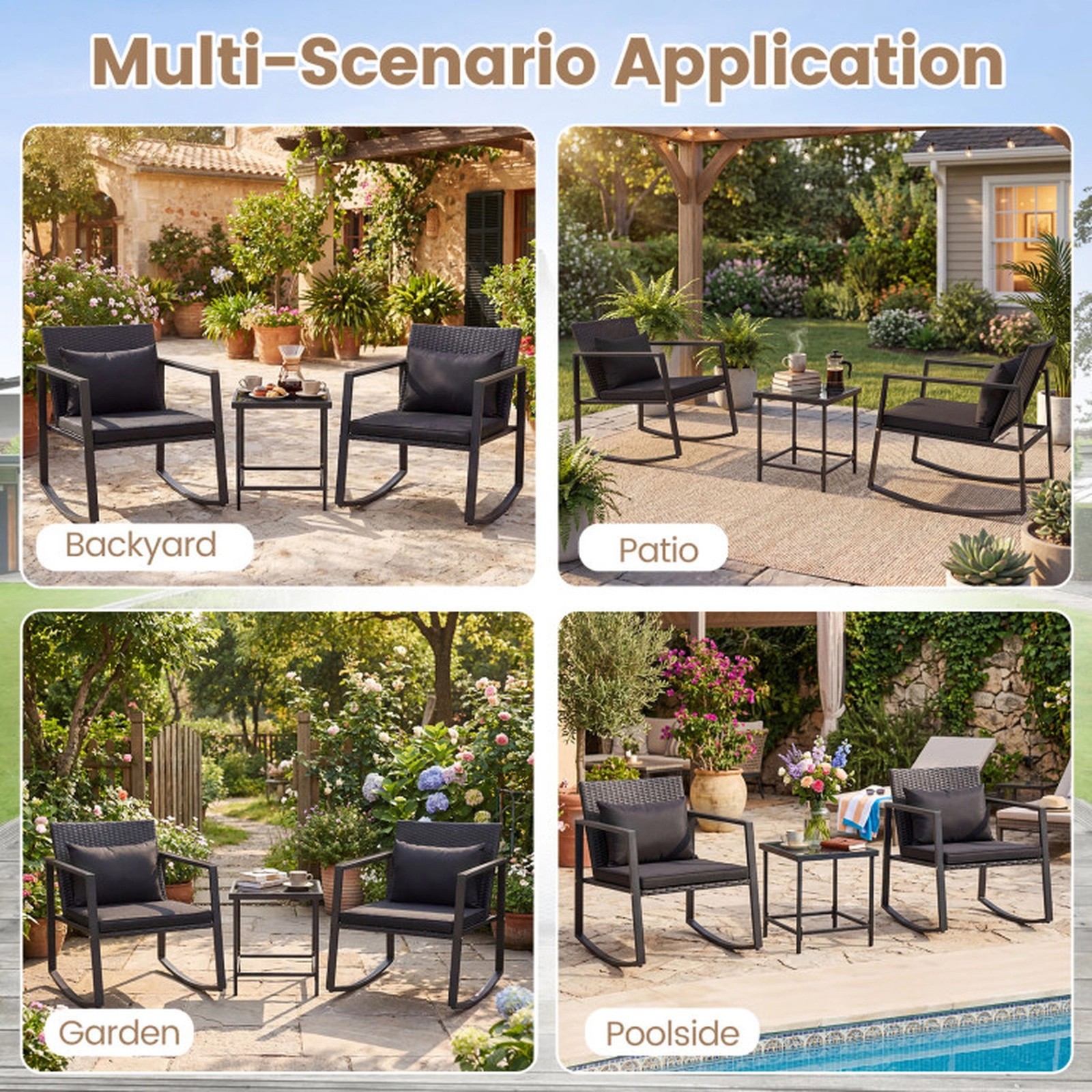 SUGIFT 3-Piece Black Wicker Patio Rocking Chair Set with Cushions and Glass Table