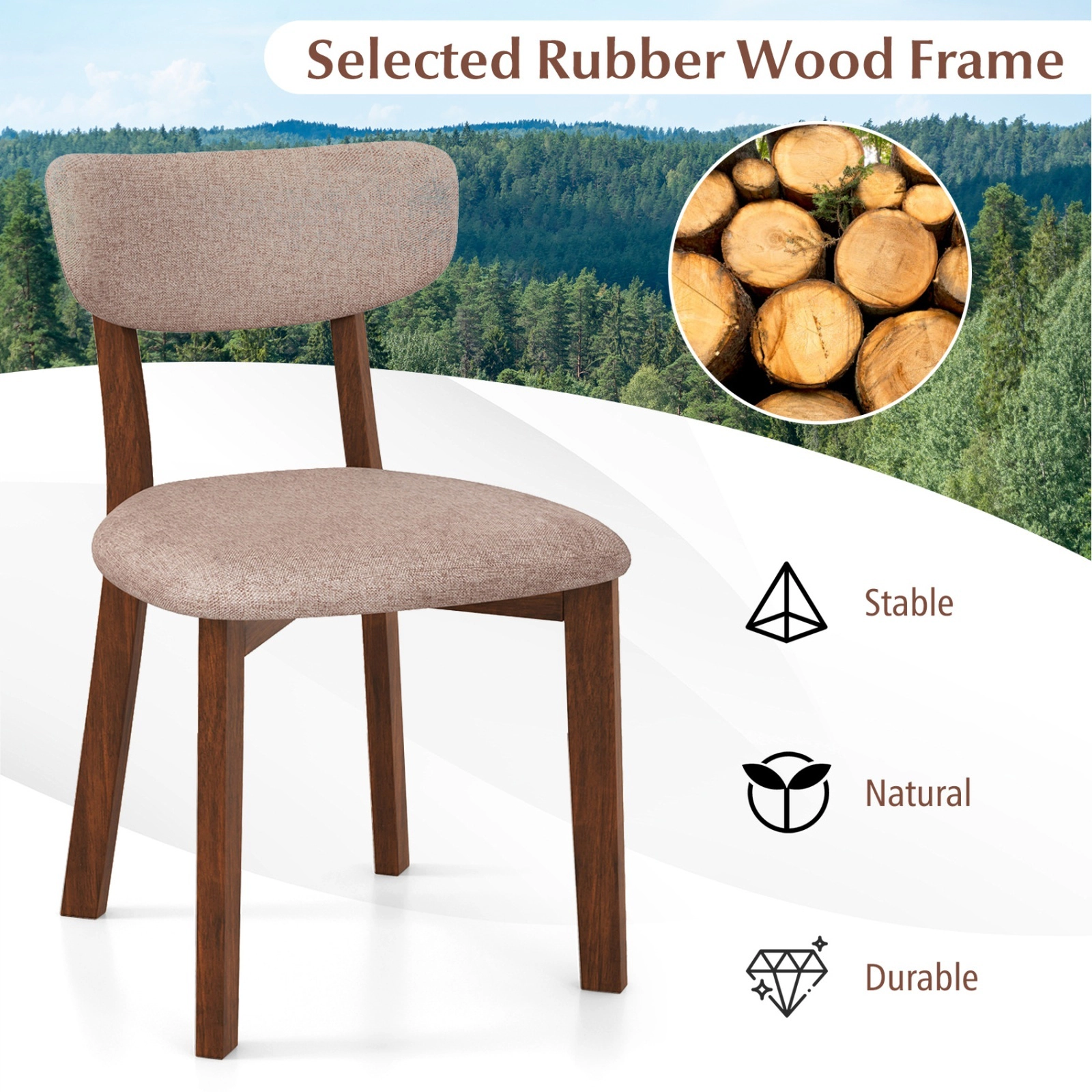 Set of 2 Beige Upholstered Mid-Back Dining Chairs, Walnut Rubber Wood, X-Brace, 290 lb