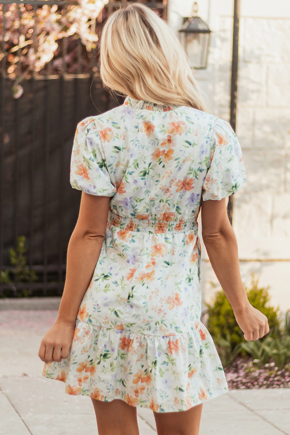 Threaded Pear Women's Katharine Floral Shirred High Waist Puff Sleeve Mini Dress