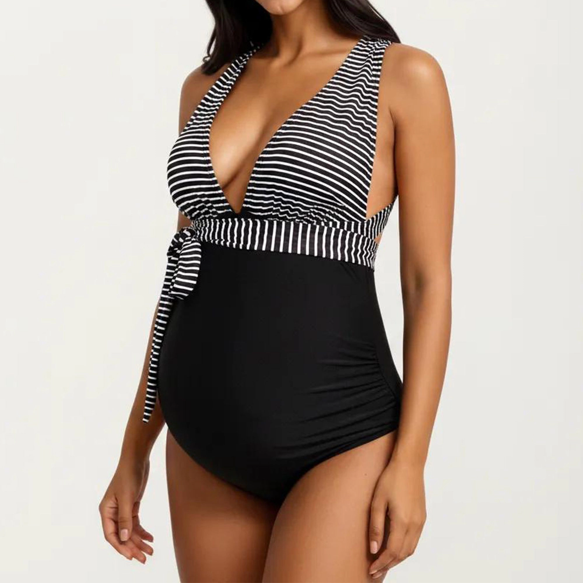 Anna-Kaci Women Maternity Striped One-Piece Swimsuit - Tie Waist, Deep V-Neckline