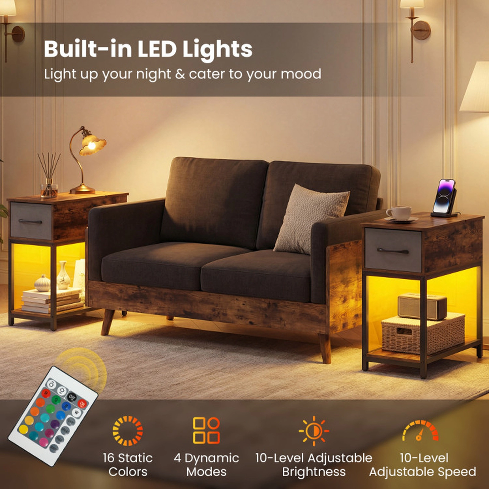 SUGIFT Slim 11.5-in Nightstand with Charging Station, LED Lights and Fabric Drawer