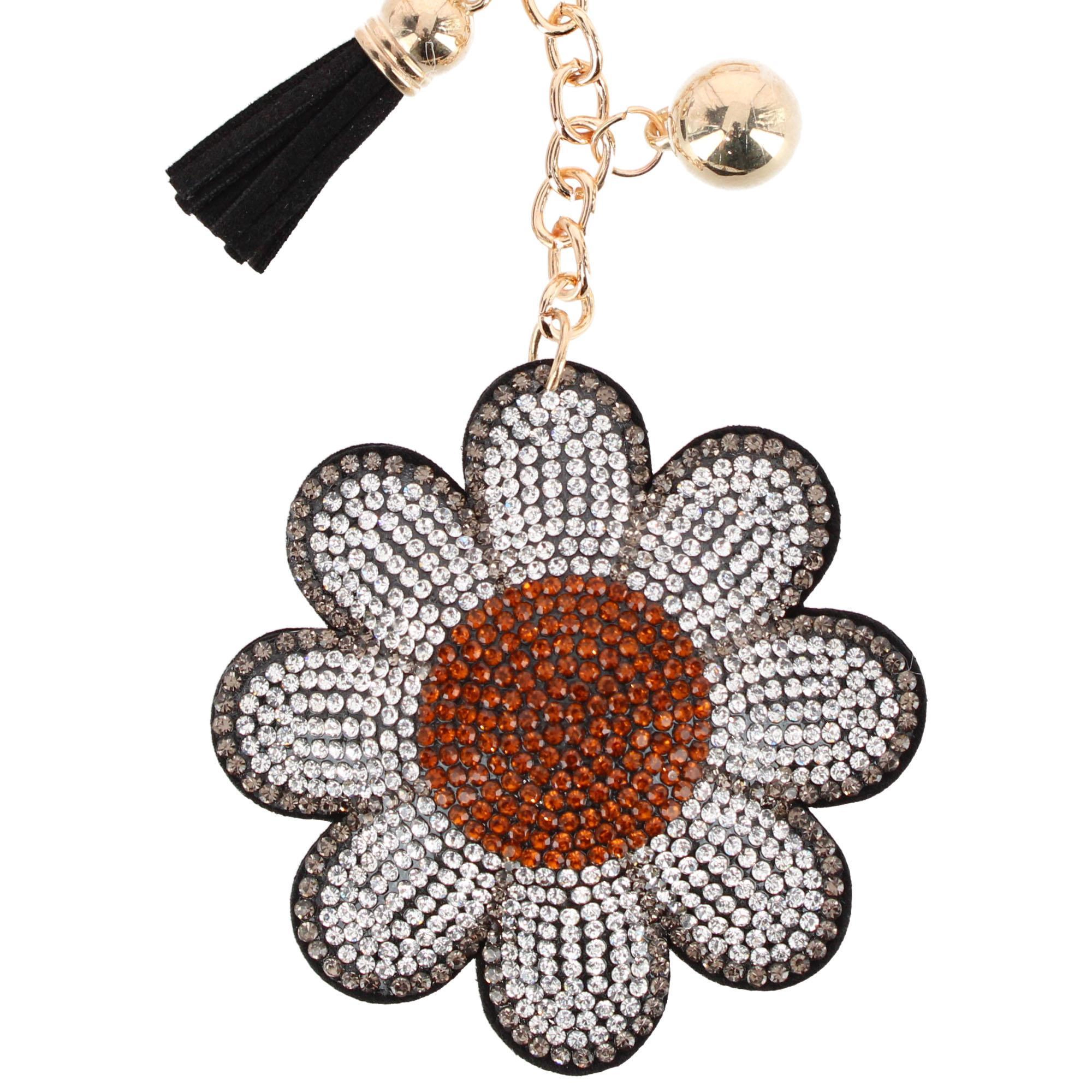 CTM Women's Rhinestone Daisy with Tassel Bag Charm & Key Charm