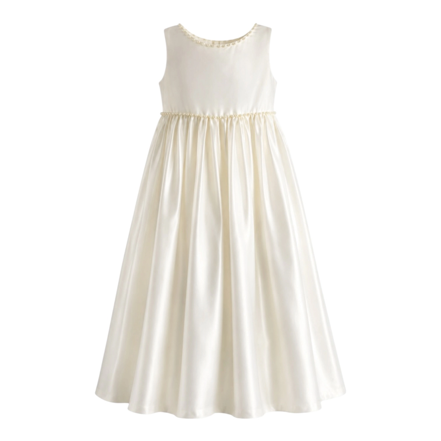Laurenza's Girls White Satin Flower Girl Dress with Pearl Accents