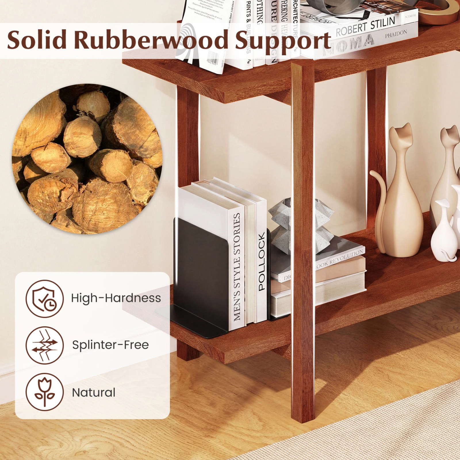 SUGIFT 2-Tier Low Horizontal Rubberwood MDF Bookshelf 48-in Wide Shelves 135-lb Per Shelf Capacity Walnut 1-Piece