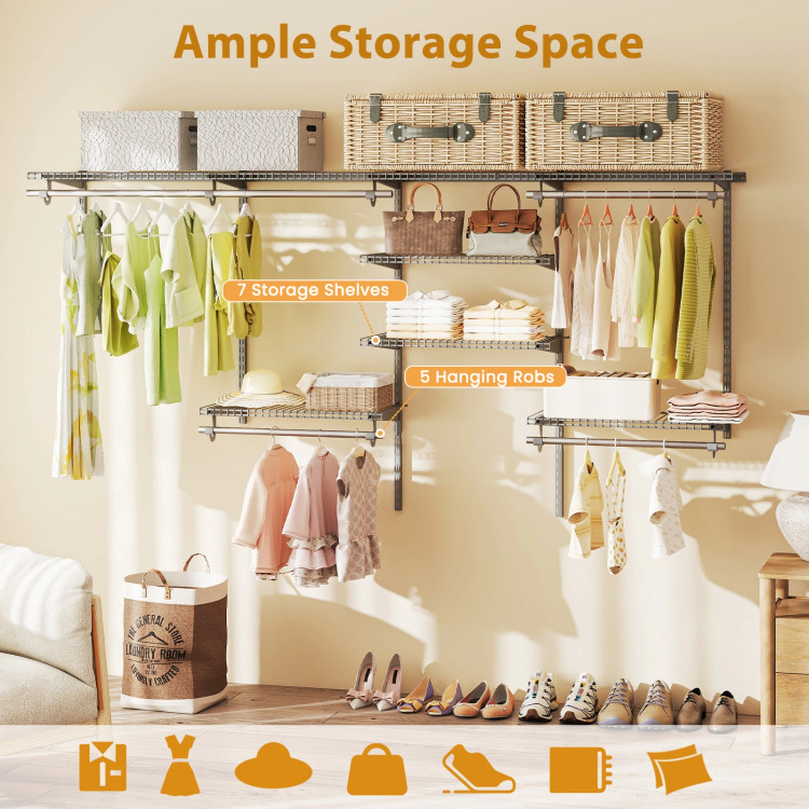 SUGIFT Closet Organizer System Gray 4-8 Feet with Hanging Rods and 7 Shelves