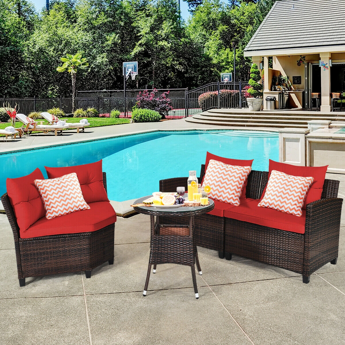SUGIFT 4-Piece Red Rattan Patio Sofa Set with Cushions and Glass Table