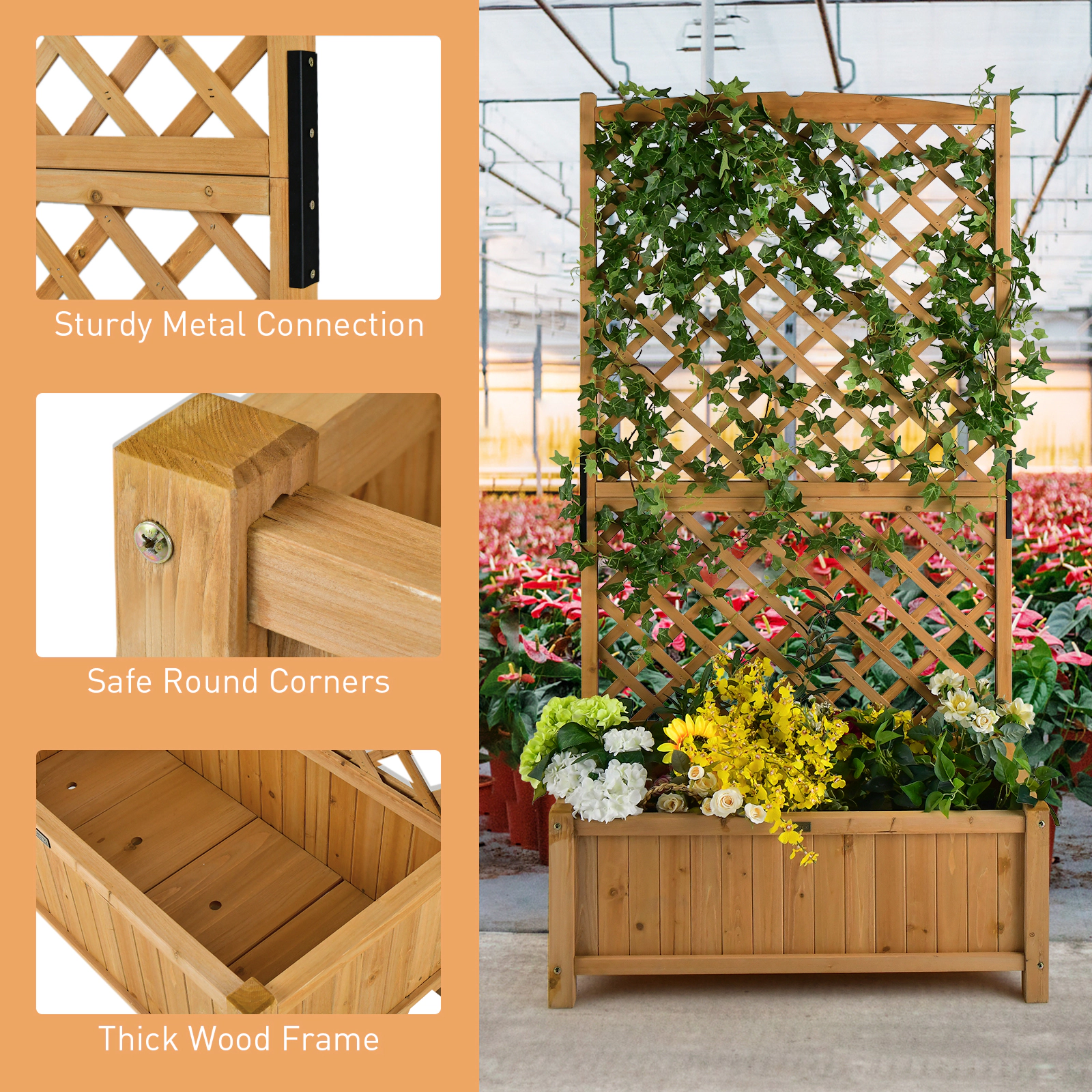 SlickBlue Wooden Planter Box with Diamond Lattice Trellis for Garden