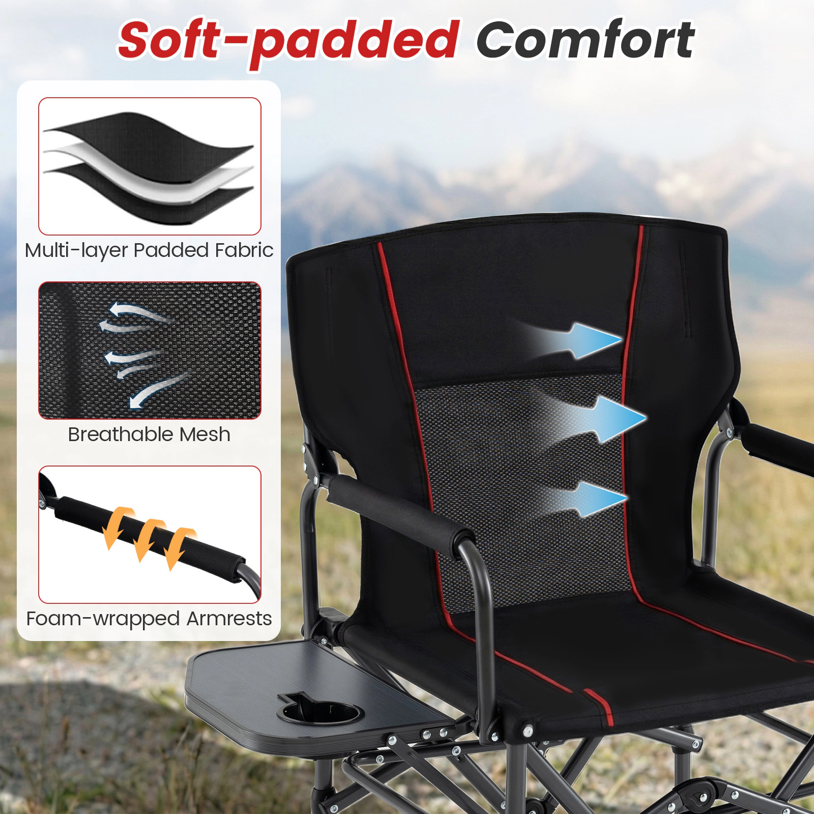 SUGIFT 500-lb Capacity Padded Folding Camping Chair with 25-lb Side Table Mesh Back and 3-in Cup Holder