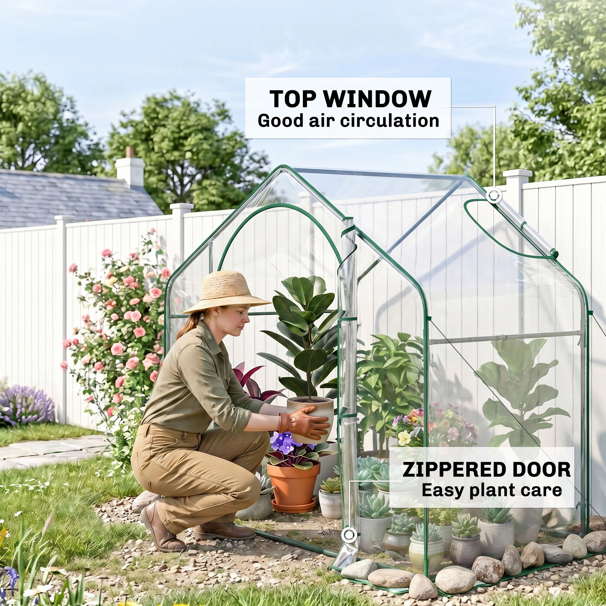 HONGGE 6' x 3' 5' Portable Walk-in Greenhouse, Cover, Steel Frame Garden Hot House, Zipper Door, Top Vent for Flowers