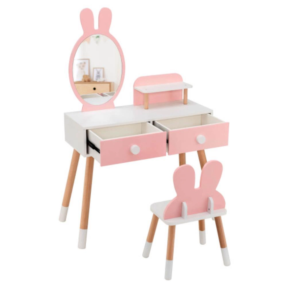 Hivvago Kids Vanity Table And Chair Set With Drawer Shelf Rabbit Mirror