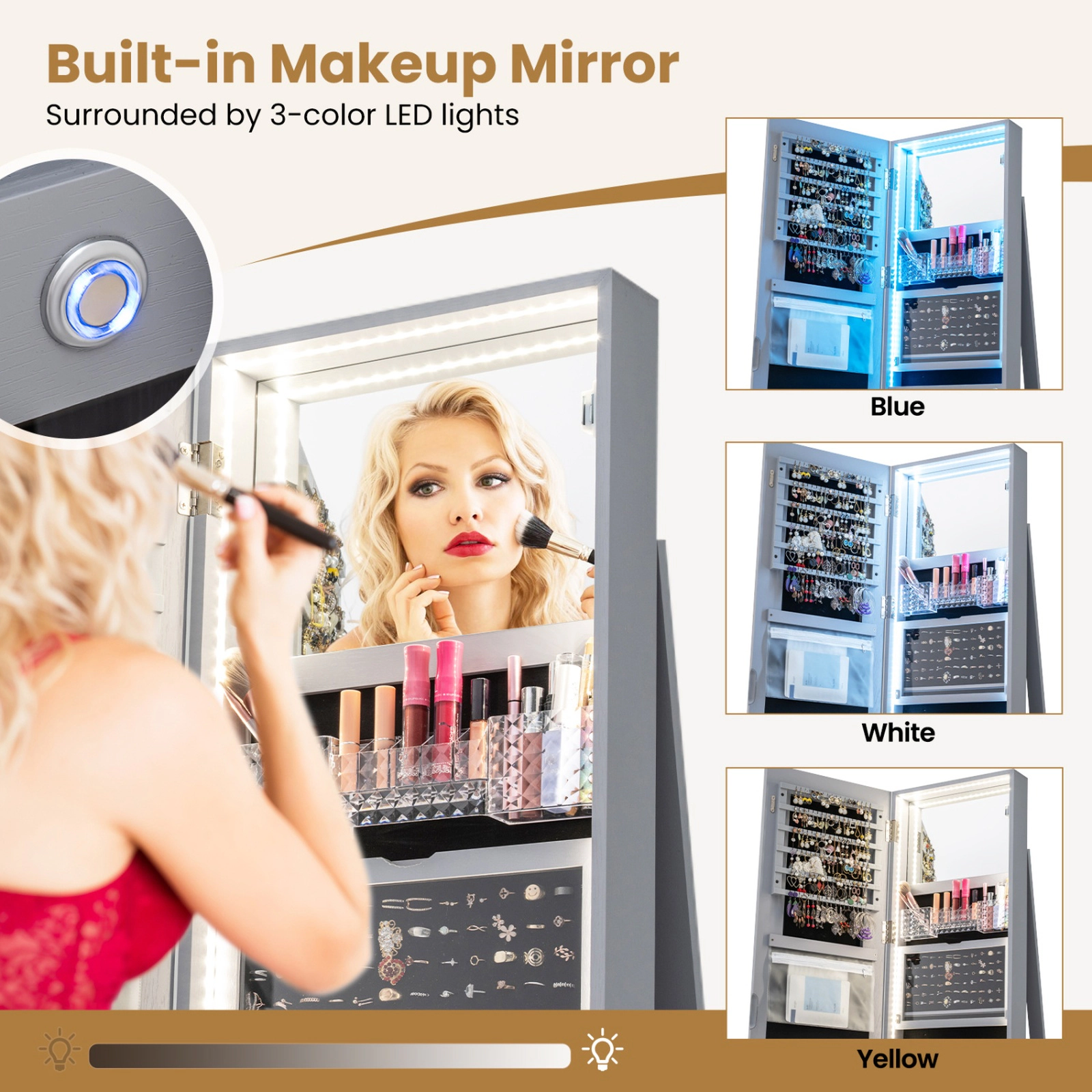SUGIFT Standing Jewelry Cabinet with Adjustable LED Lights Full-Length Mirror Rotating Base 63-in Tall Gray