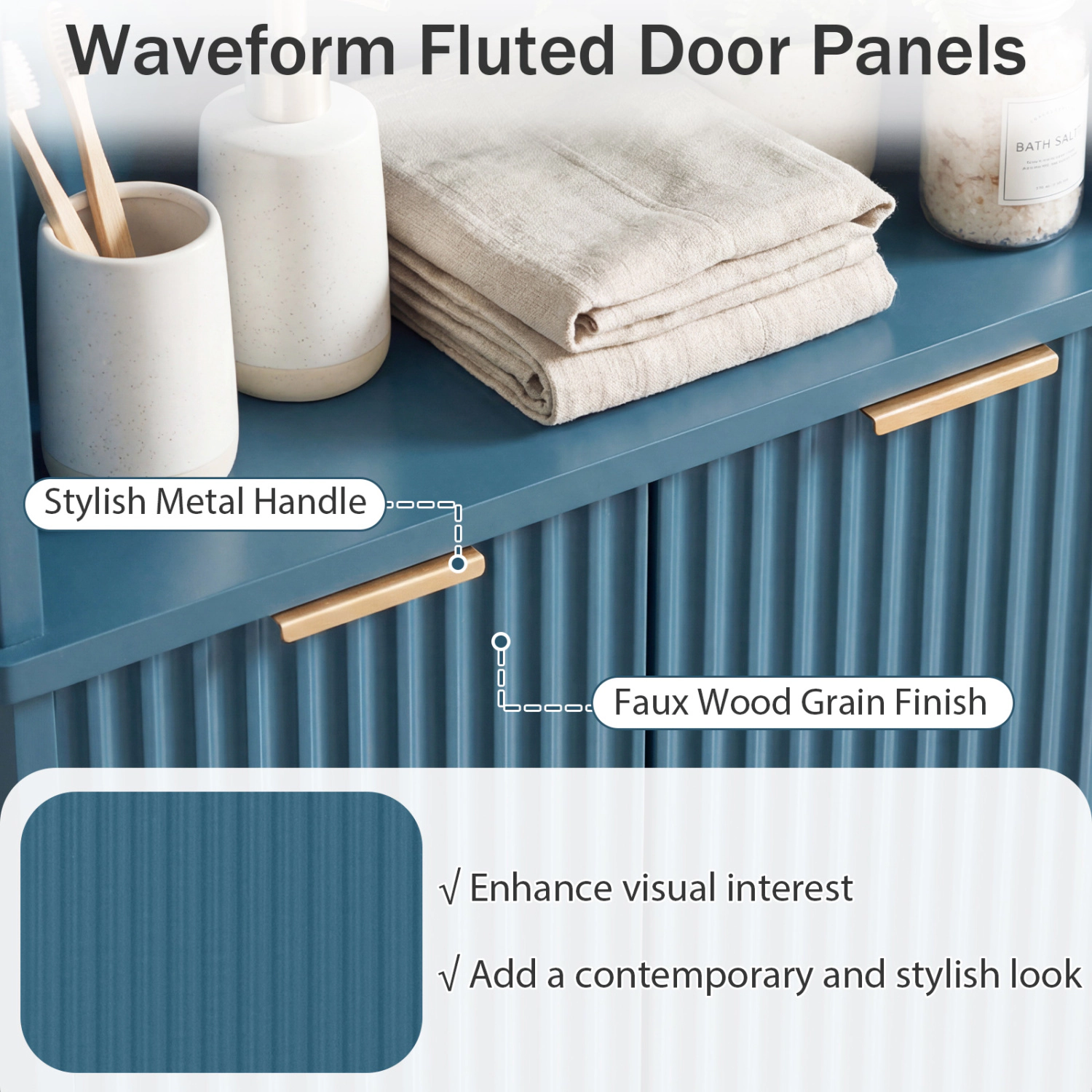 Glintex 68-Inch Painted Corner Cabinet with Fluted Doors and 3 Open Shelves