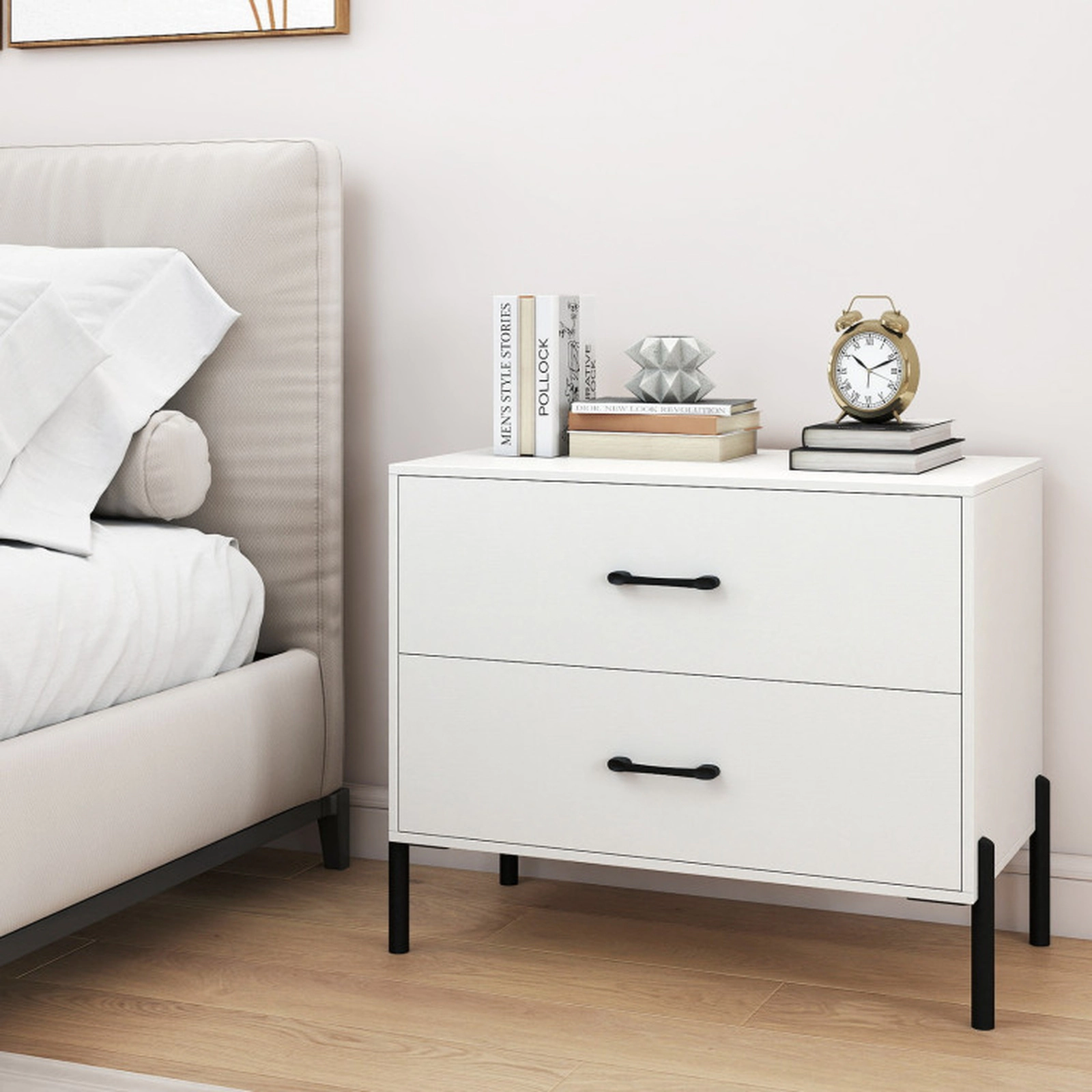 SUGIFT Modern Wooden 2-Drawer Nightstand with Metal Legs & Handles 66-lb Countertop Capacity 44-lb Drawer Capacity White