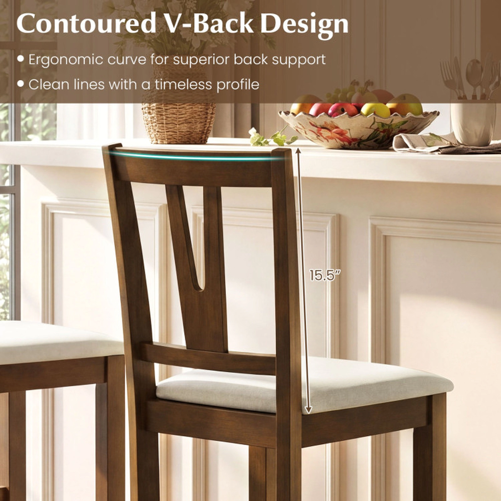 SUGIFT Walnut and Cream Contoured V-Back and Upholstered Seat Set of 2 Counter Height Bar Stool