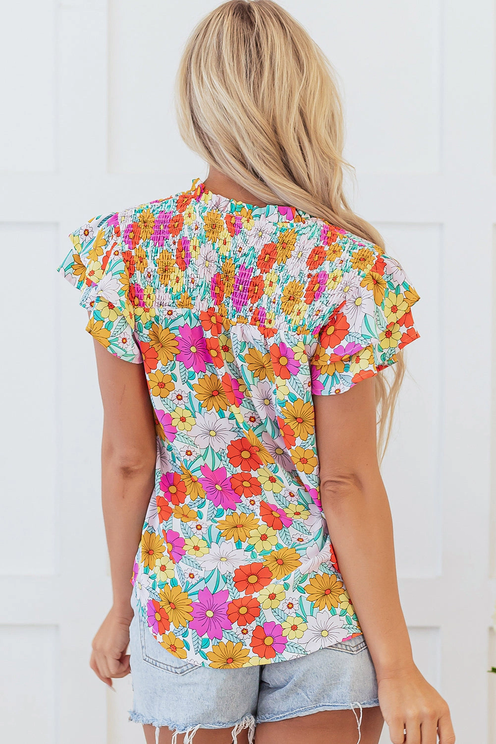 Threaded Pear Women's Leslie Floral Shirred Tiered Ruffled Sleeve Blouse