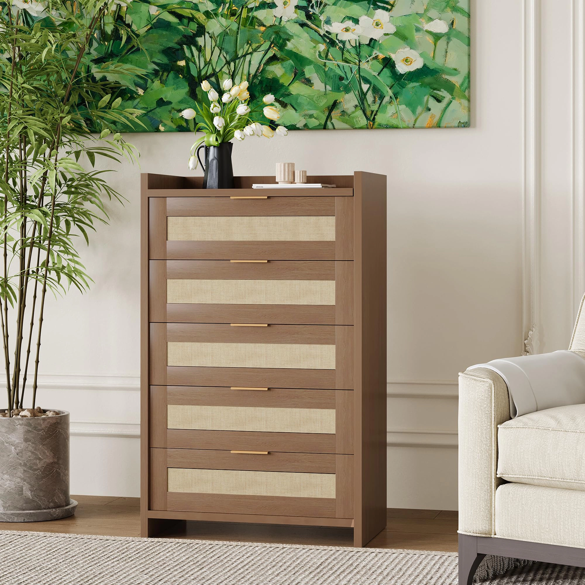 Rattan 5 Drawer Dresser, 46" Tall Wooden Chest with Metal Handles for Bedroom, Living Room