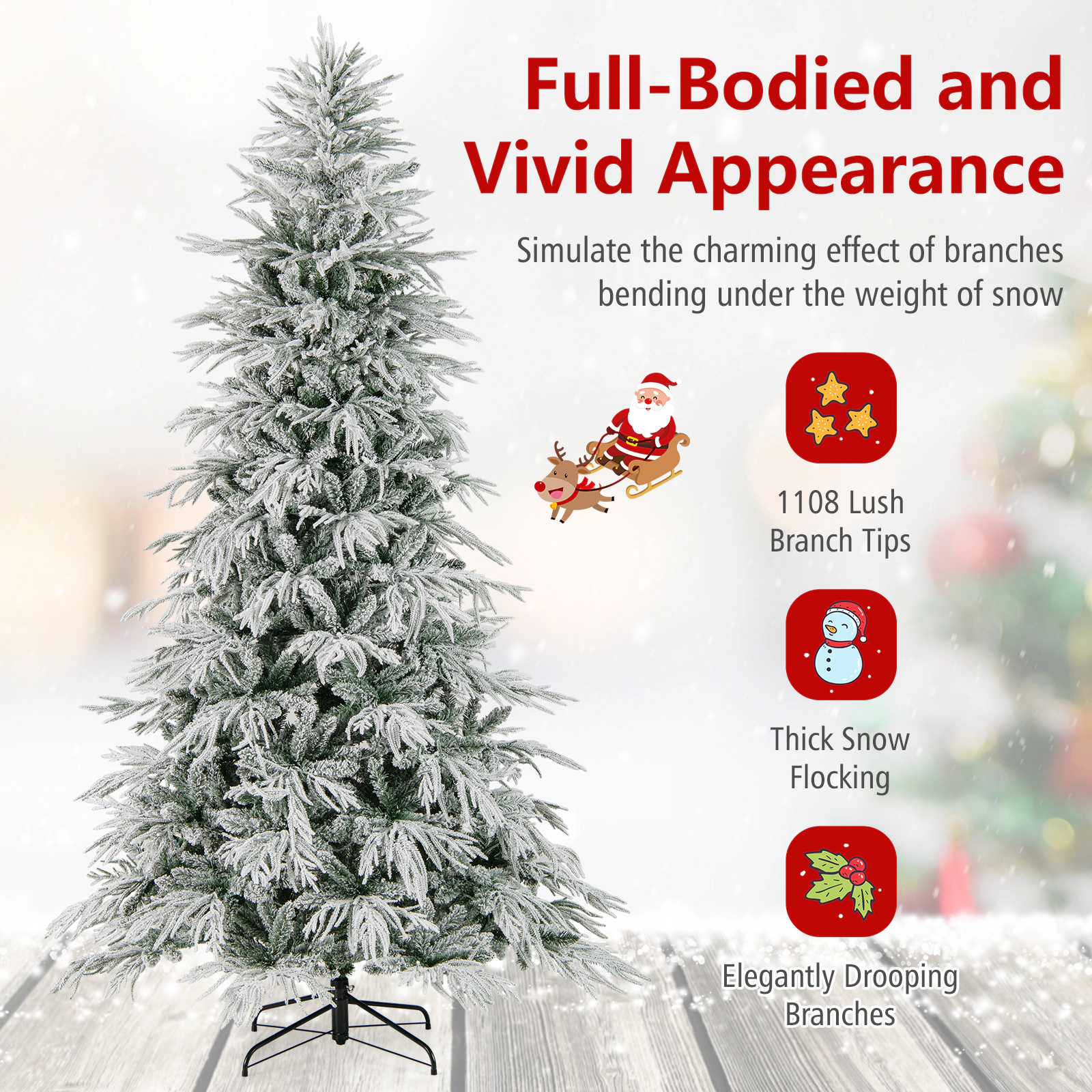 SUGIFT 8-ft Snow Flocked Pre-Lit Artificial Christmas Tree with Drooping Branches 1108 Tips and 450 LEDs
