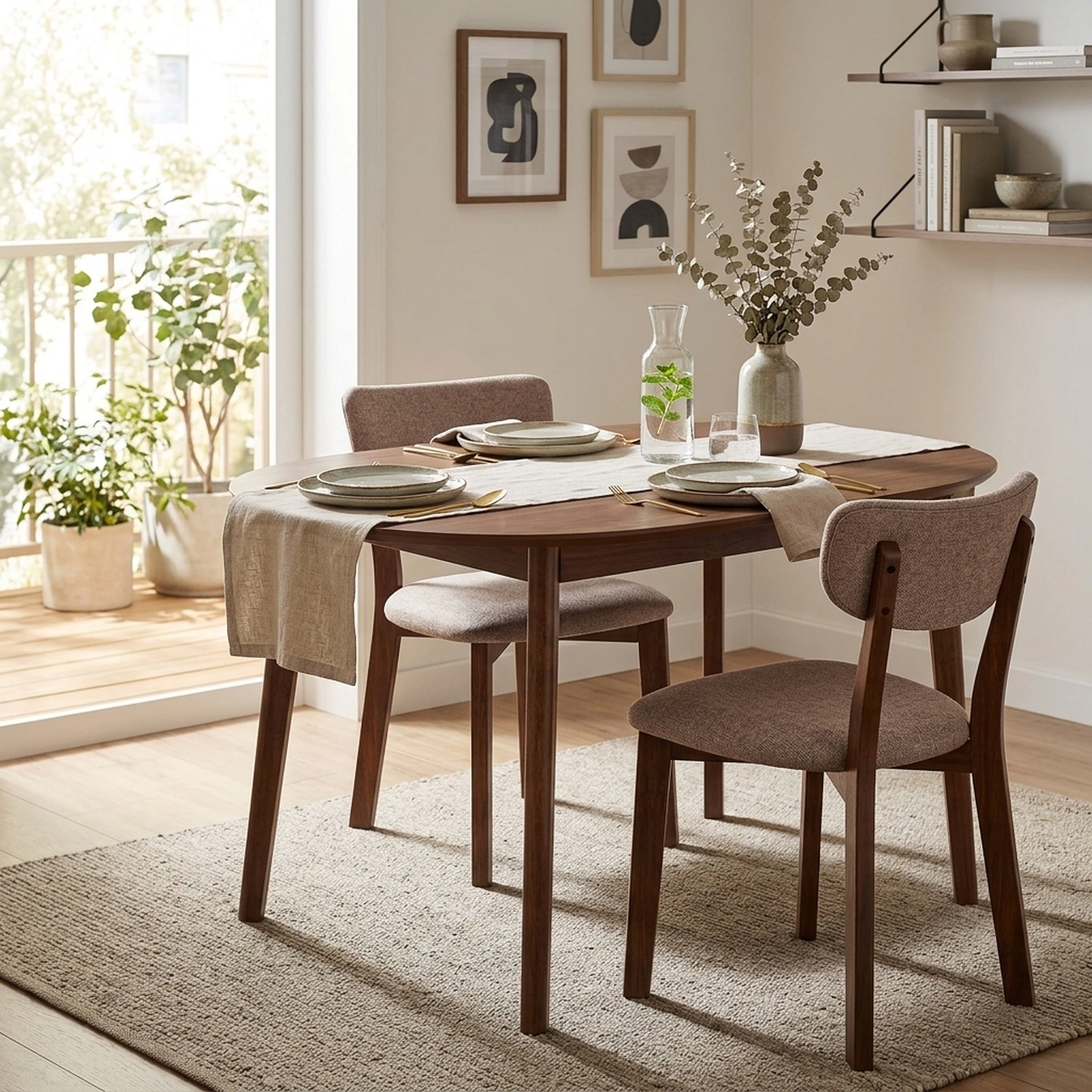 Set of 2 Beige Upholstered Mid-Back Dining Chairs, Walnut Rubber Wood, X-Brace, 290 lb
