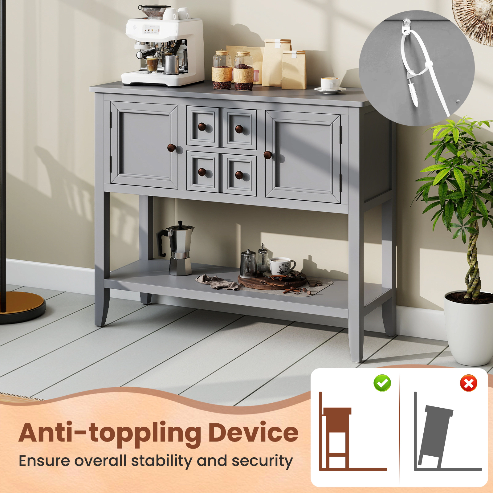 Glintex 42-Inch Buffet Cabinet with Pine Legs and Open Bottom Shelf