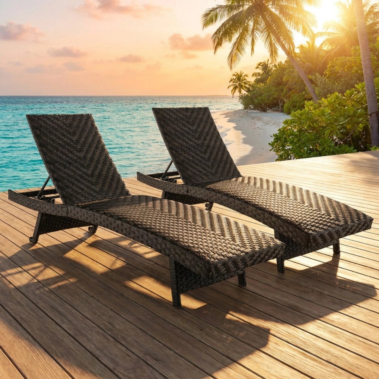 SUGIFT Set of 2 5-Level Quick Dry Foam Folding PE Rattan Patio Chaise Lounges 77-in x 24-in 330-lb Capacity Brown