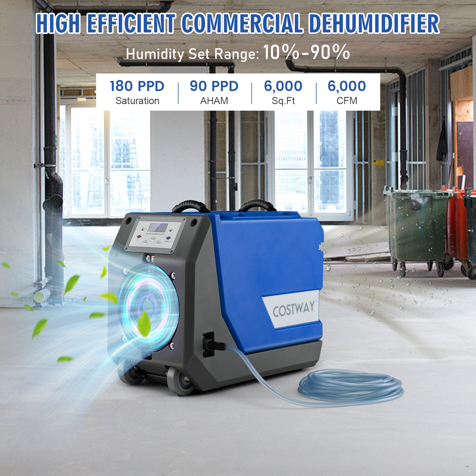 LJG 180 PPD Commercial Dehumidifier with Pump Drain Hose and Wheels