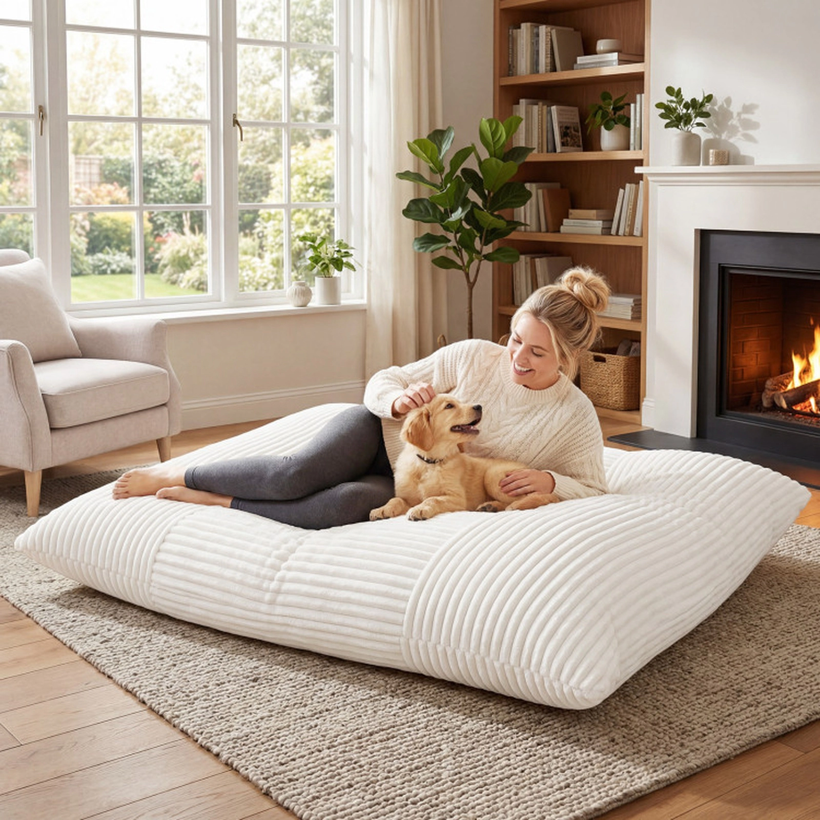 SUGIFT Convertible 76.5-in Beige Corduroy Bean Bag Floor Sofa and Bed with Machine-Washable Cover
