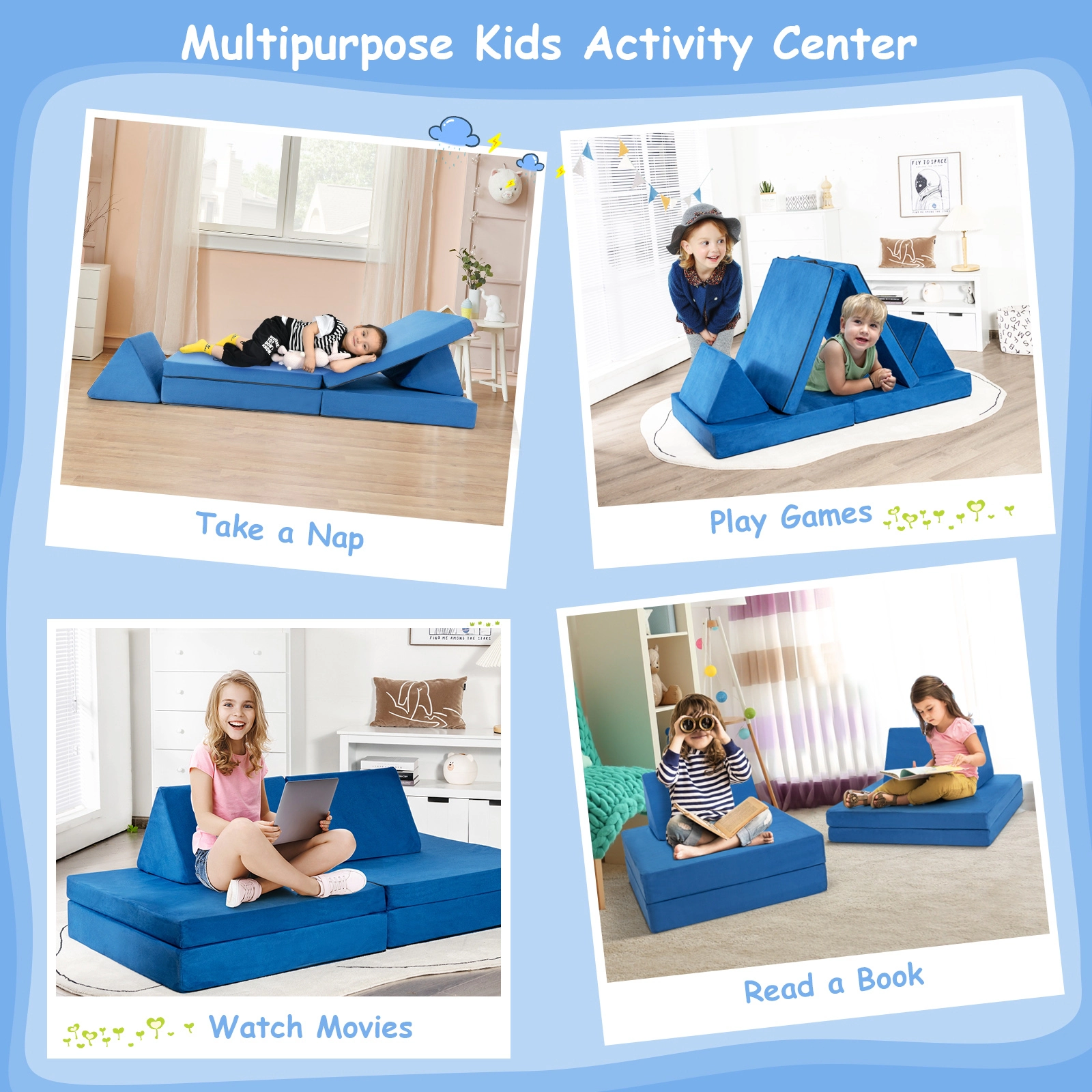 SUGIFT 4-Piece Convertible Kids Couch Set with 2 Folding Mats 220-Lb Capacity Blue/Yellow