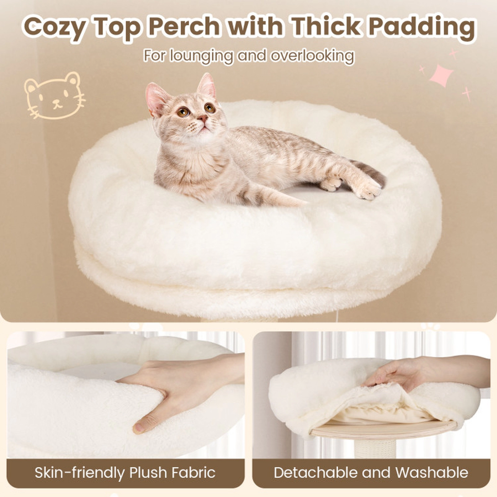 SUGIFT 52 in Wooden Cat Tree Natural with Washable Plush Cushions and Space Capsule