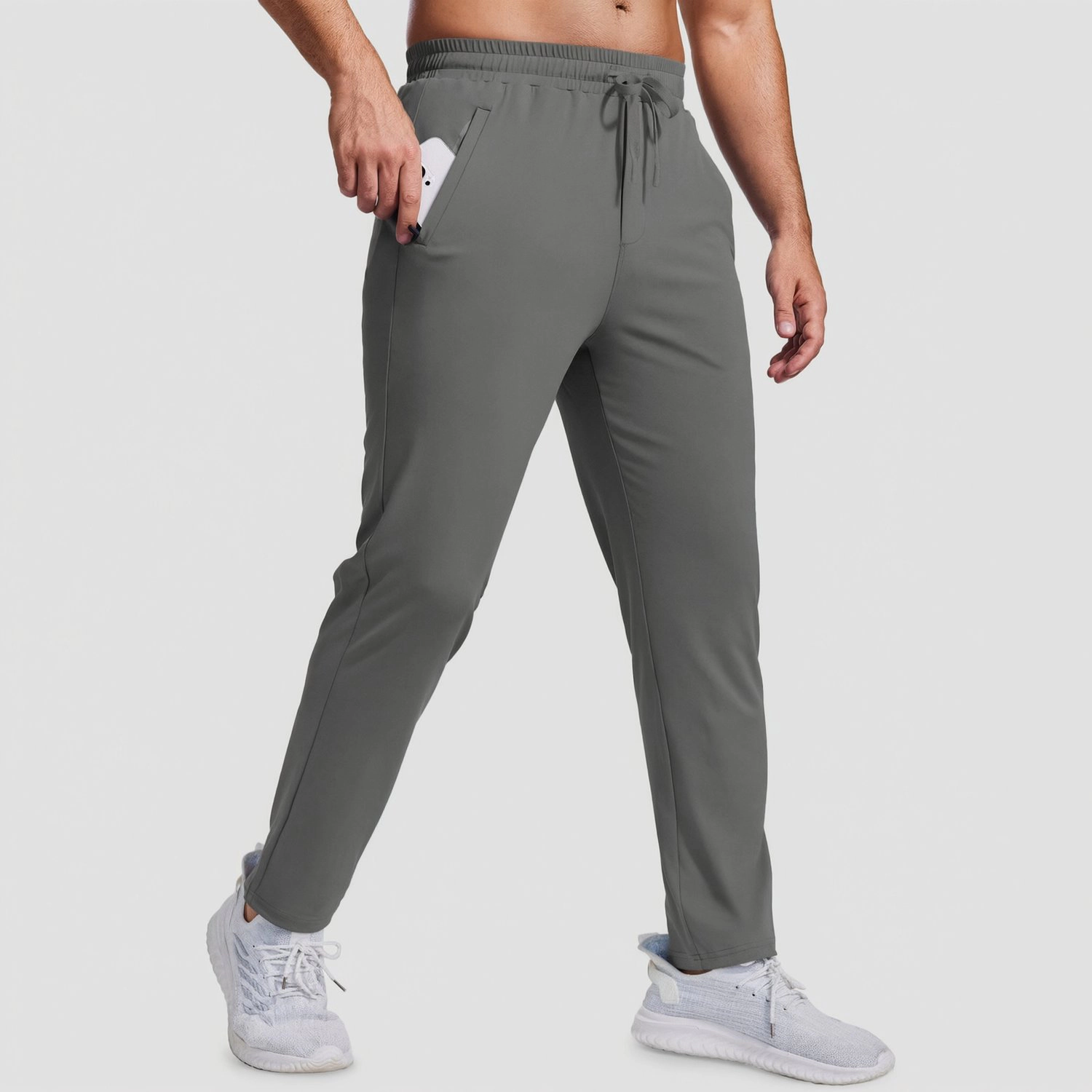 Pinspark Mens Light Gray Solid Workout Pants Elastic Waist Drawstring Joggers