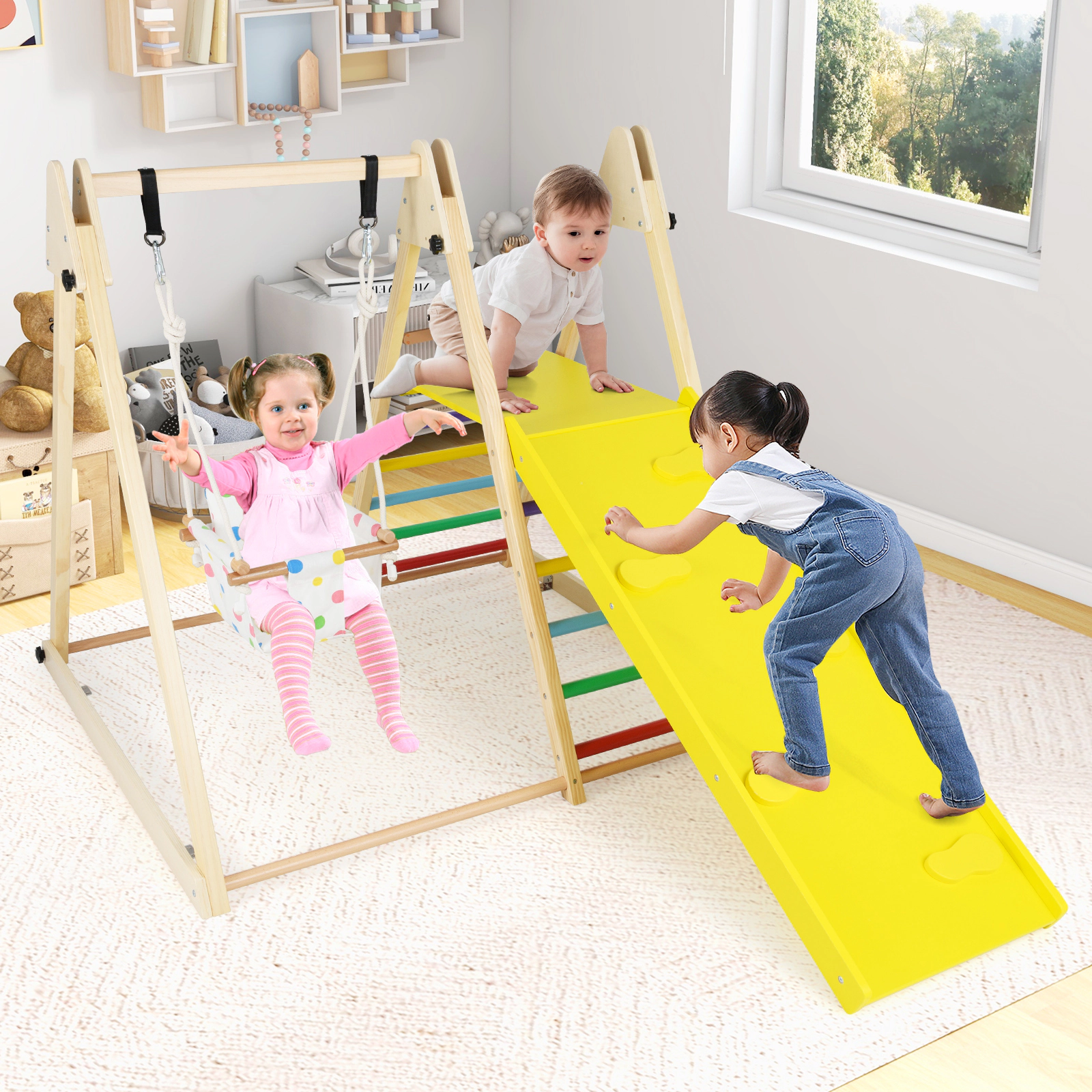 LJG 4-in-1 Indoor Jungle Gym with Baby Swing and Climbing Ramp