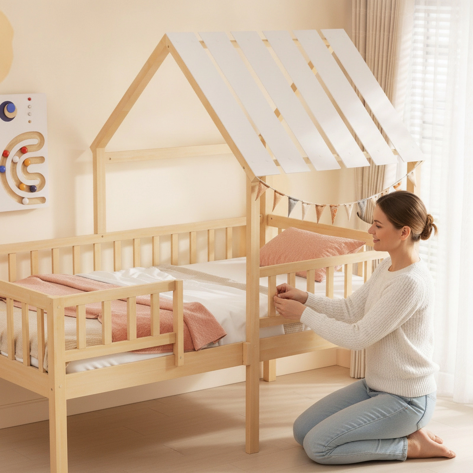 Twin Over Twin House Bunk Bed with Roof and Full-Length Guardrails Solid Pine Wood Kids Bunk Bed Natural