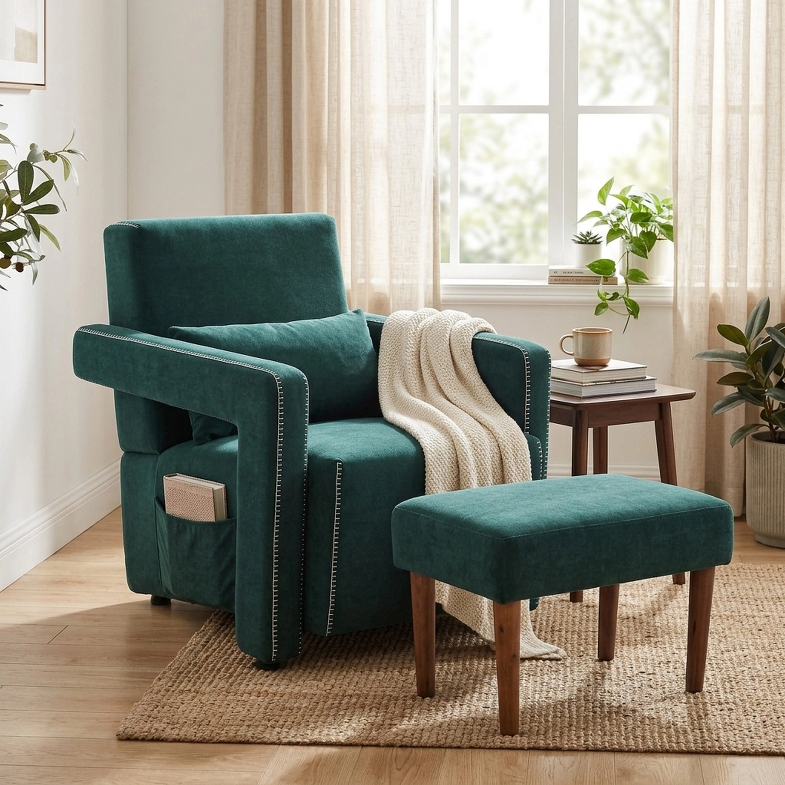 SUGIFT Green Berber Fleece Reading Chair with Matching Ottoman, 330 lb Capacity