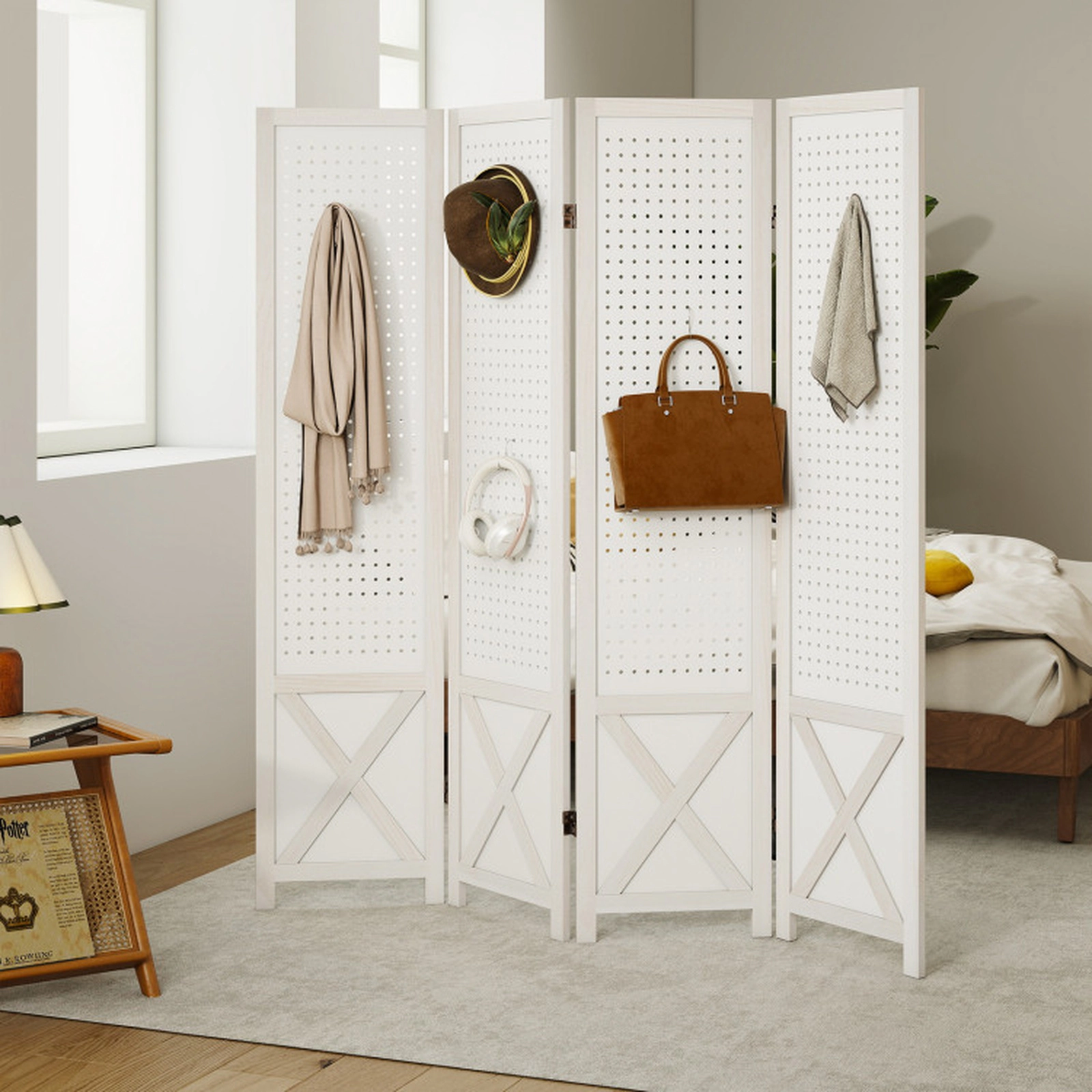 SUGIFT 4-Panel Pegboard Room Divider Shelving Unit 67-in Tall Privacy Screen 64-in Wide White Paulownia Wood MDF