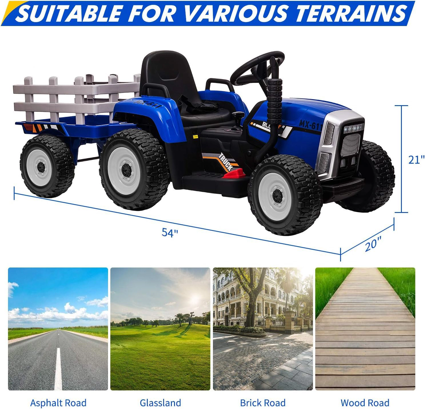12V Kids Electric Tractor with Trailer, Ride On Car w/Remote, 7-LED Lights, 3-Speed Shift, MP3/USB, EVA Tires,35W