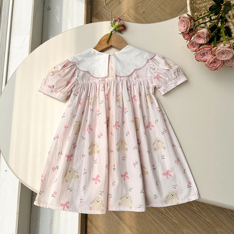 MyKids-USA Toddler Girls Summer Dress - Short Sleeves, Embroidered Collar, Floral Teddy Print - Cotton Blend