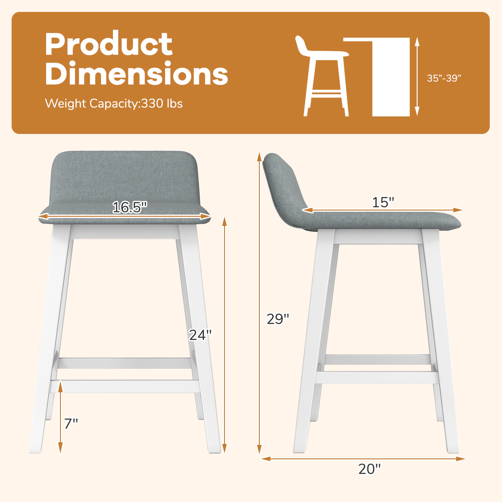 SUGIFT Set of 2 24-Inch Counter-Height Bar Stools, Low-Back Faux Linen Seats, Rubber Wood Legs