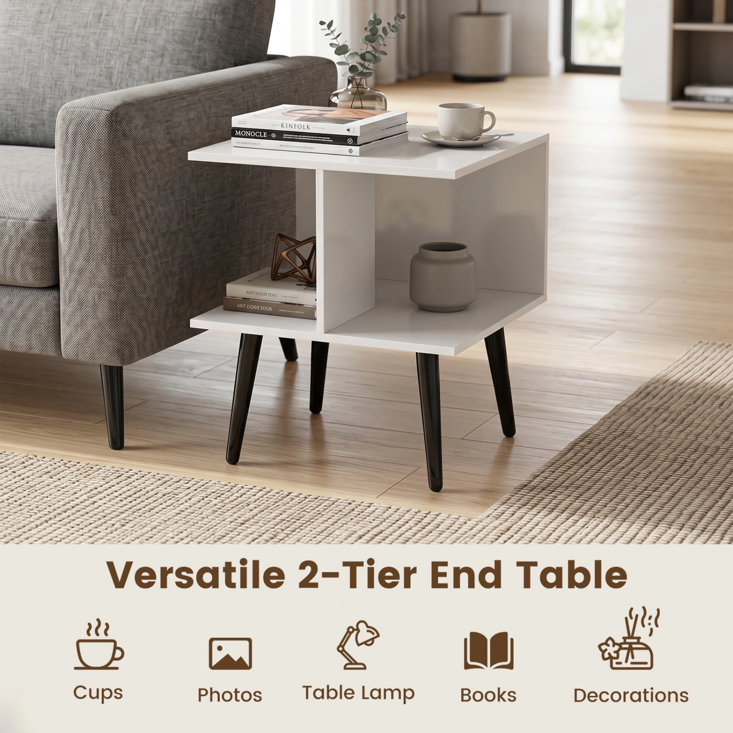 SlickBlue Modern End Table with 2 Compartments and Metal Legs