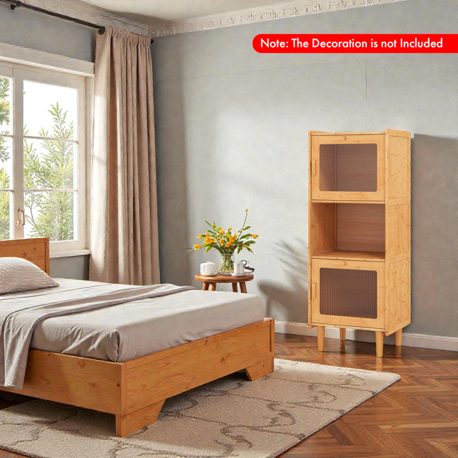 Hivvago 3-Cube Bamboo Cabinet Featuring Open Compartment and Two Clear Acrylic Doors