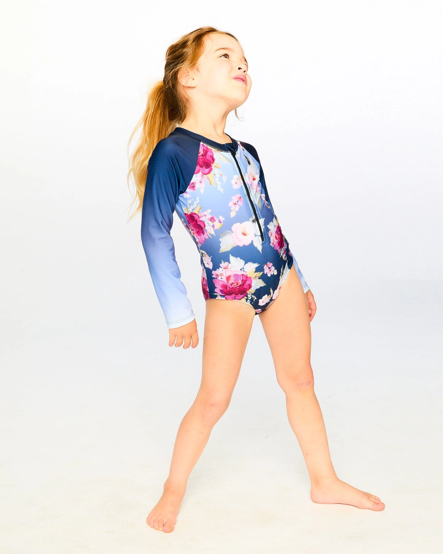 Deux par Deux Girls One-Piece Long Sleeve Rashguard Rose Print