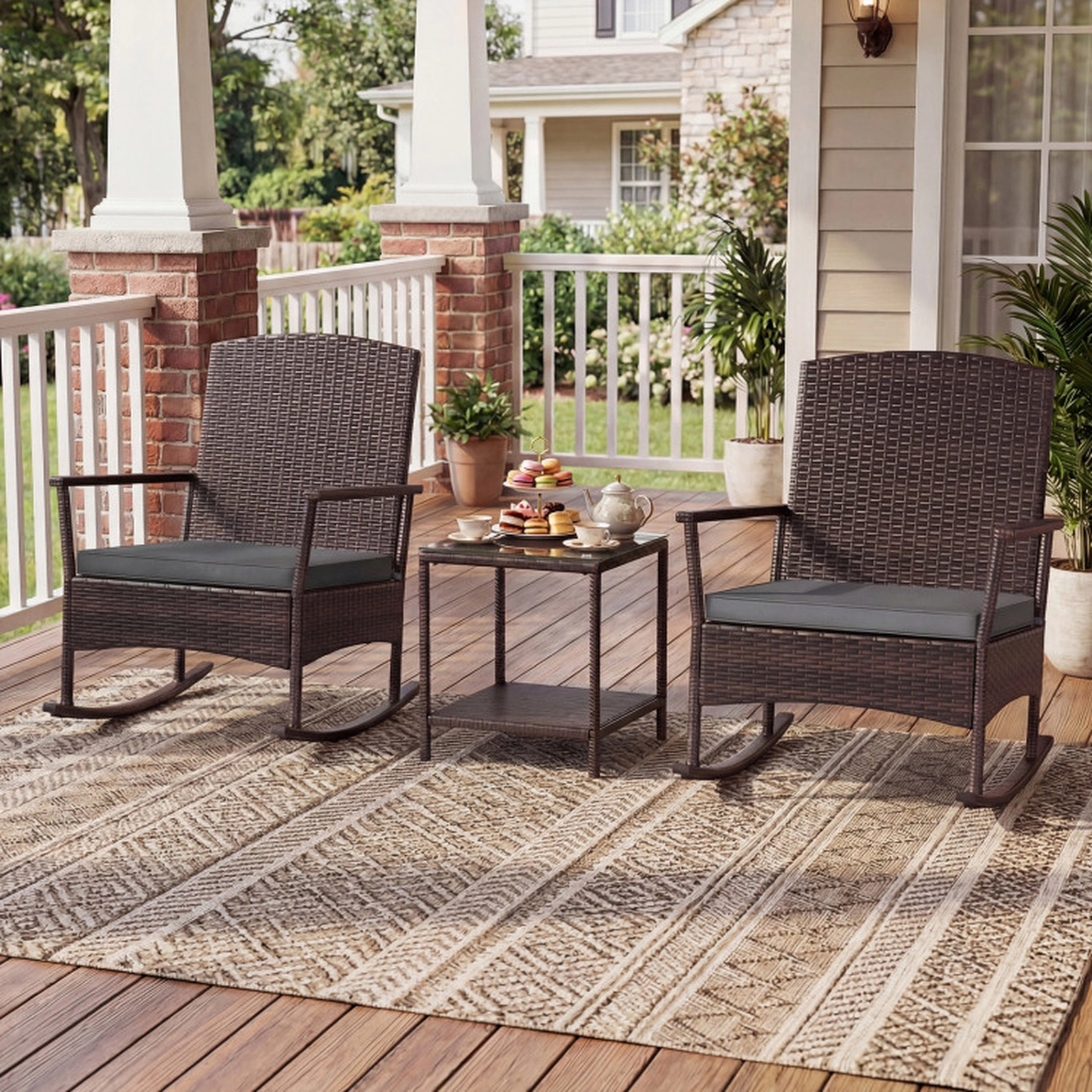 SUGIFT 3-Piece Gray Patio Wicker Rocking Chair Set with 2-Tier Side Table 13.5-in Seat H 400-lb Chair Capacity