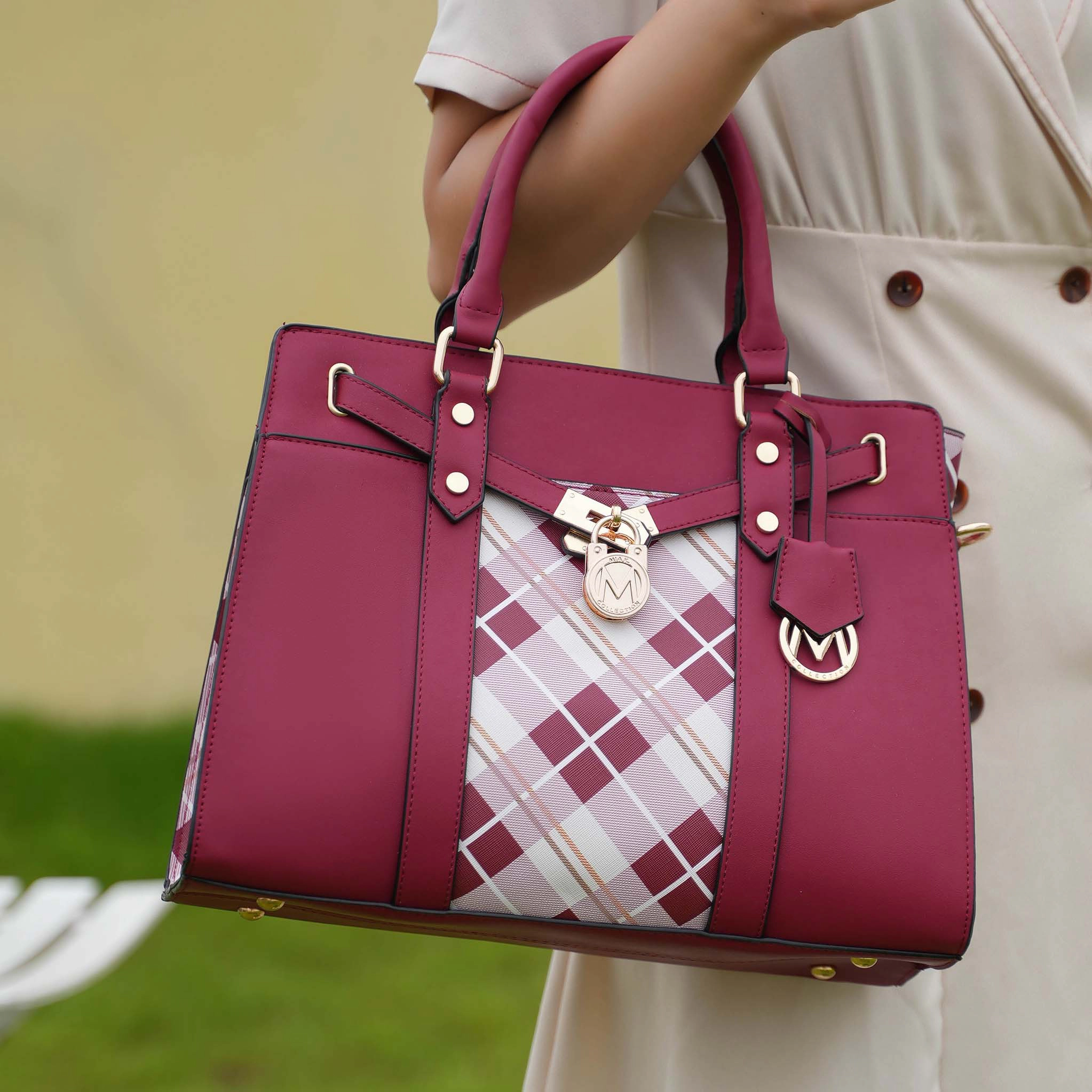 MKF Collection Christine Plaid Vegan Leather Satchel with Wristlet Wallet, Burgundy Red