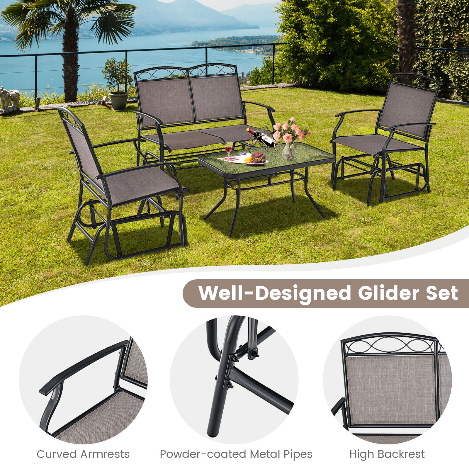 LJG 4 Piece Patio Glider Conversation Set with Tempered Glass Table Top