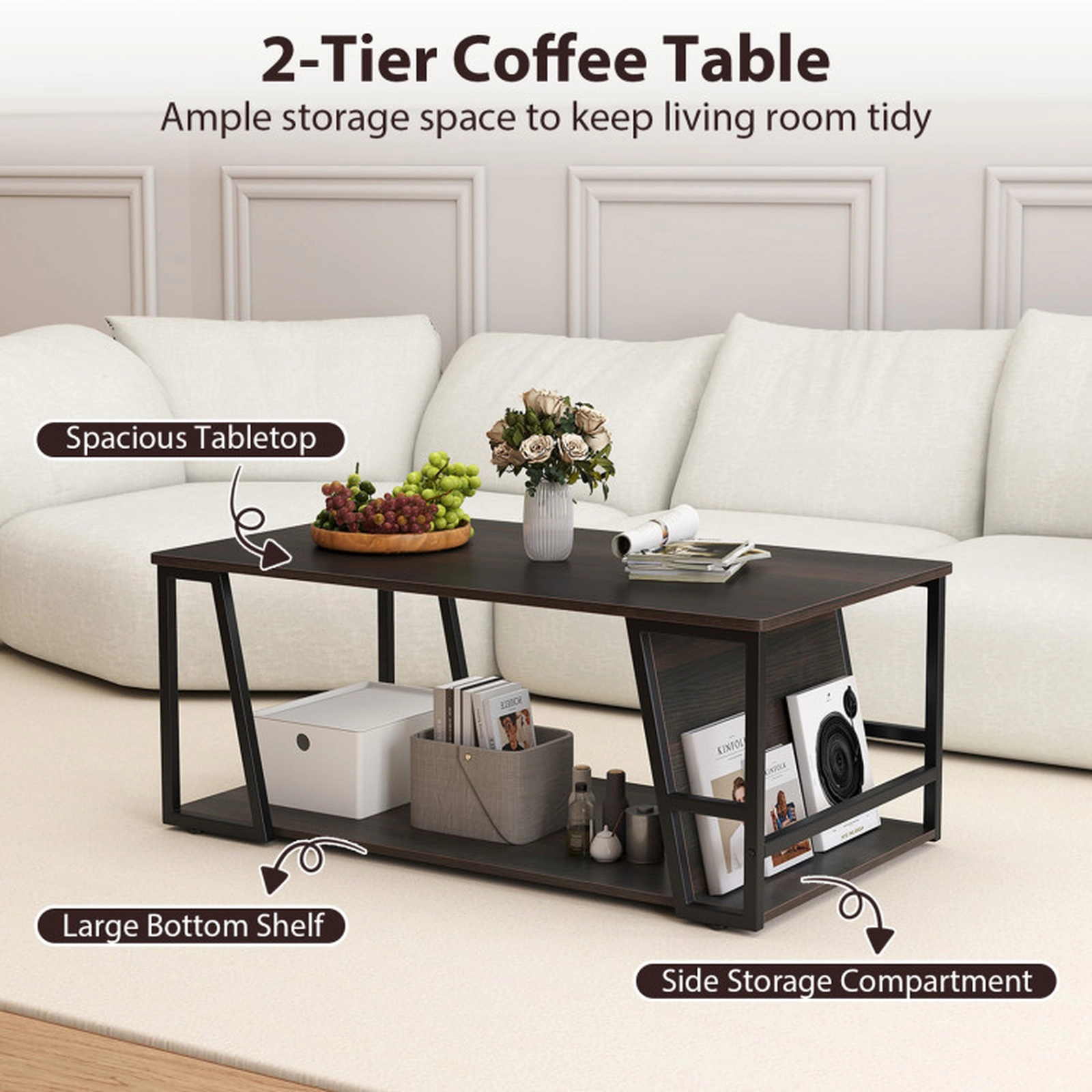 SUGIFT 2-Tier Magazine Compartment Open Shelf Industrial Coffee Table 40-in x 32-in x 16-in 176-lb Capacity Brown