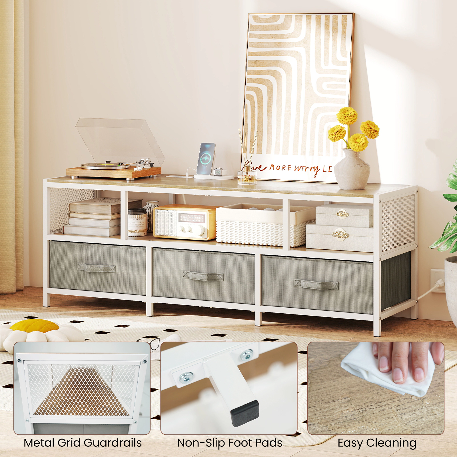 Glintex 55-Inch TV Stand with Fabric Drawers and Built-In Charging Station