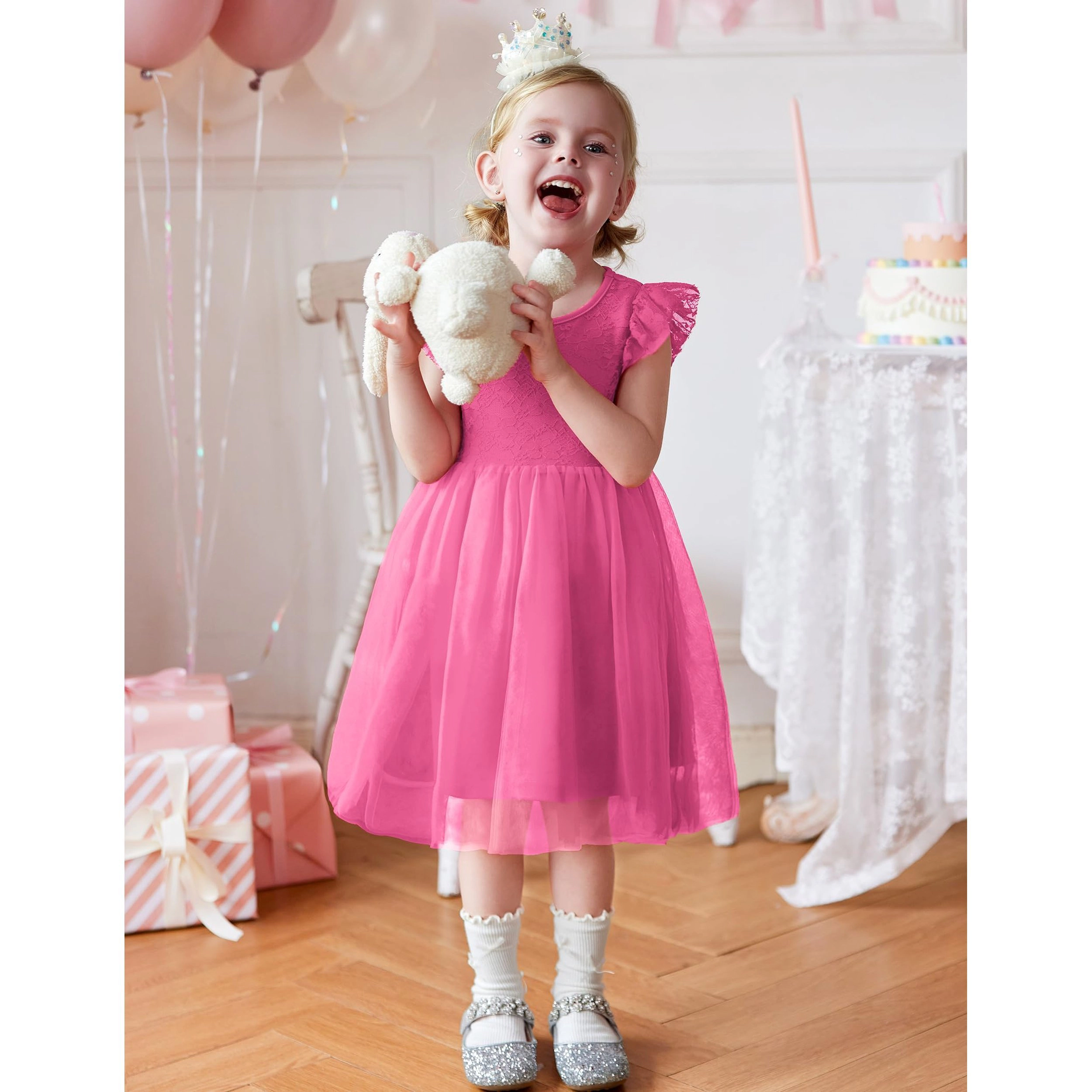 Arshiner Girl's Lace Ruffle Sleeve 3 Layers Tulle Flower Tutu Dress
