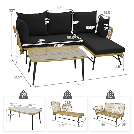 Hivvago 3 Pieces L-Shaped Patio Sofa With Cushions And Tempered Glass Table