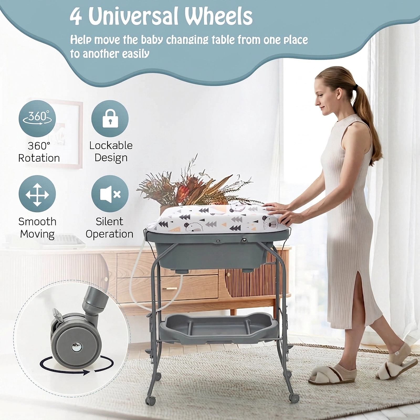 SUGIFT Portable Baby Changing Table with Storage Basket and Shelves 33-lb Bathtub Capacity Ages 0-12 Months Gray