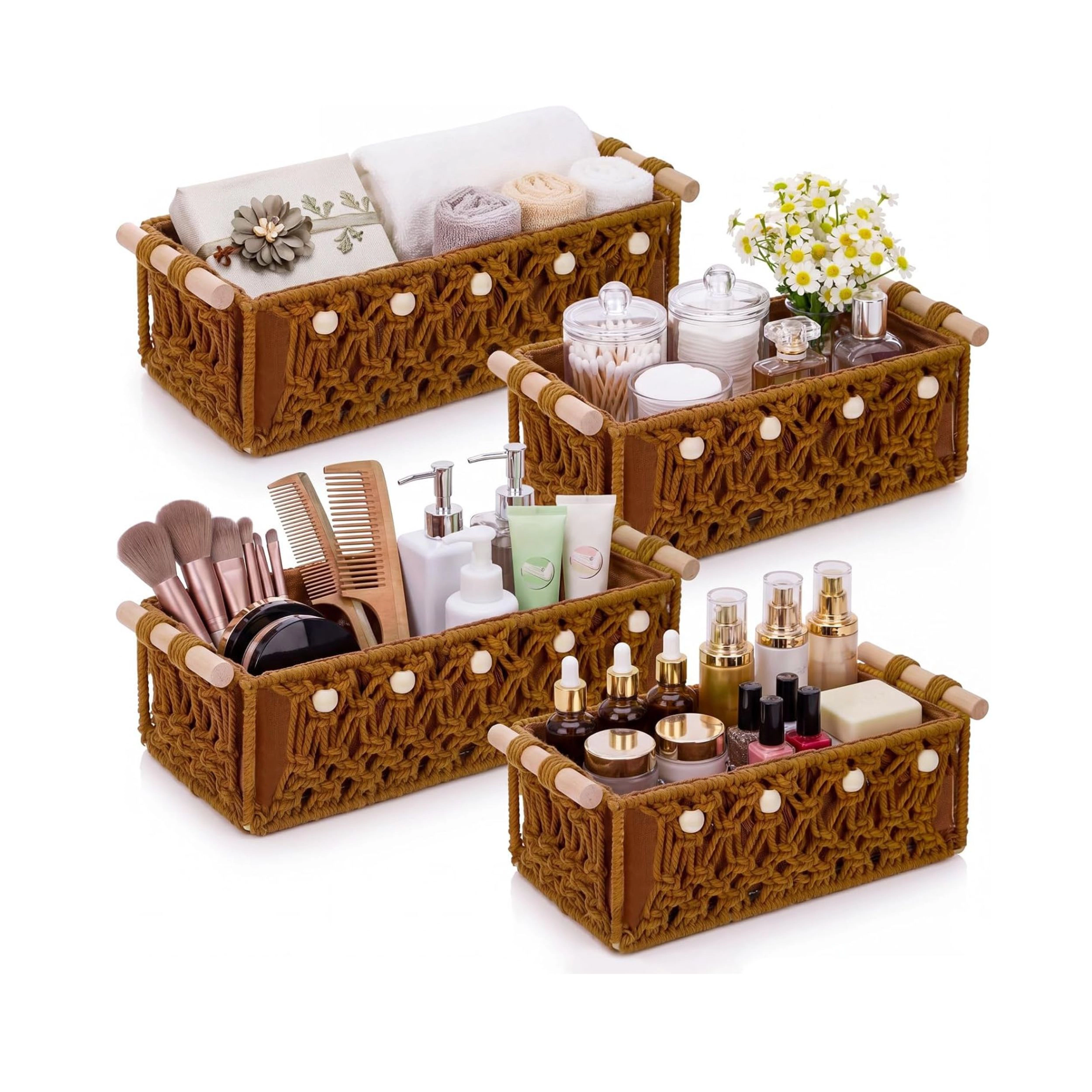 Stock Preferred Pack of 4 Macrame Storage Baskets with Wood Handles 13x11 Inch