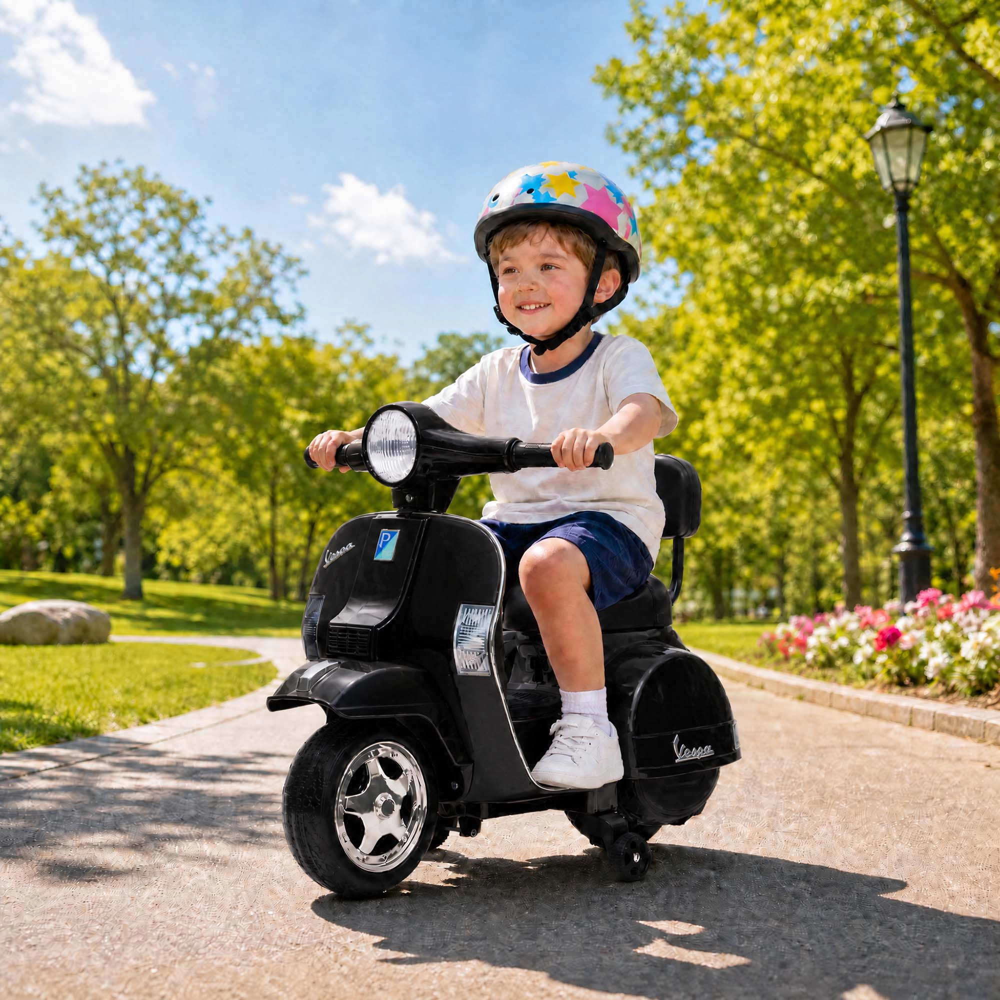 Licensed Vespa PX150 Kids Ride On Motorcycle, 6V Electric Scooter with Training Wheels & Headlight